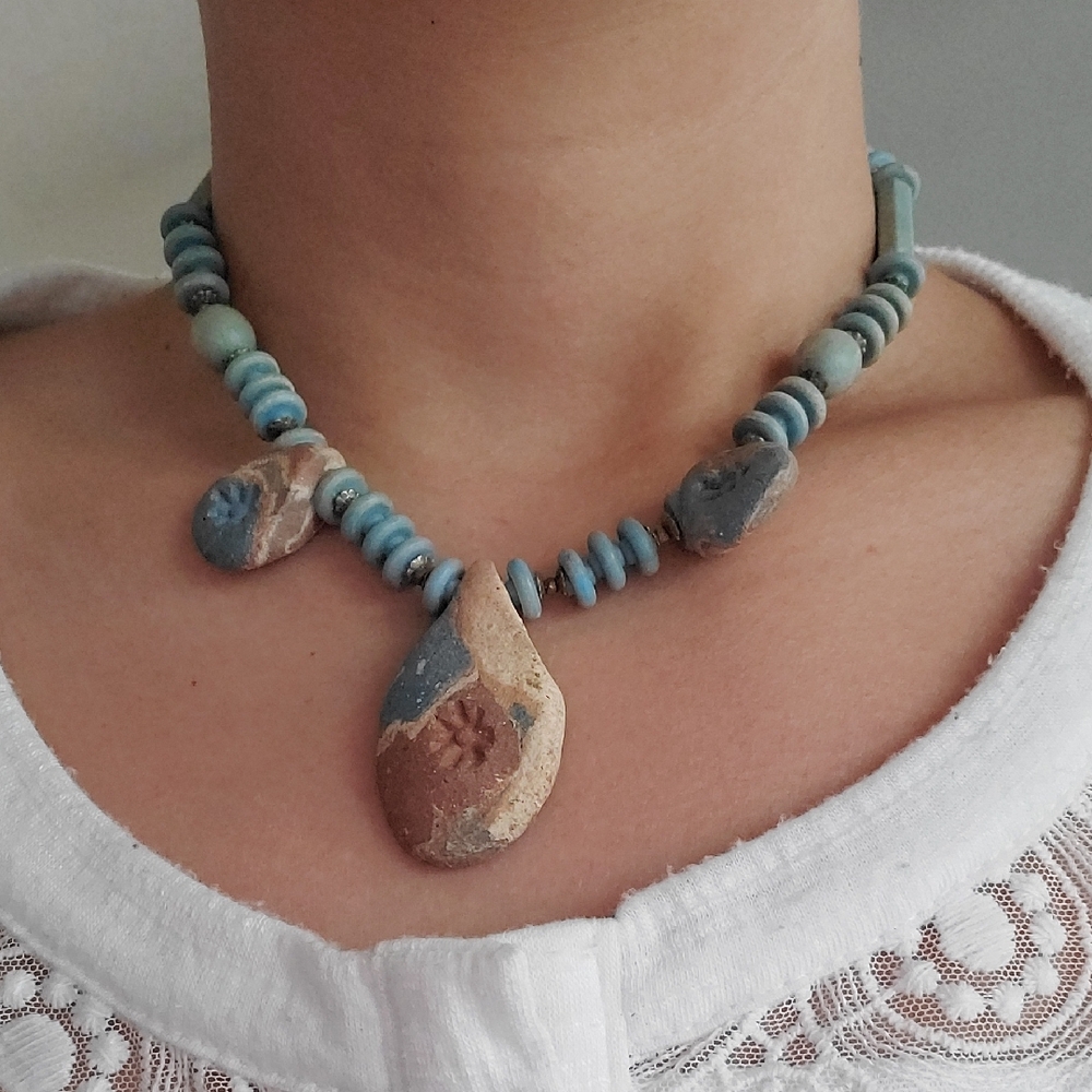 Handcrafted Blue and Tan Necklace